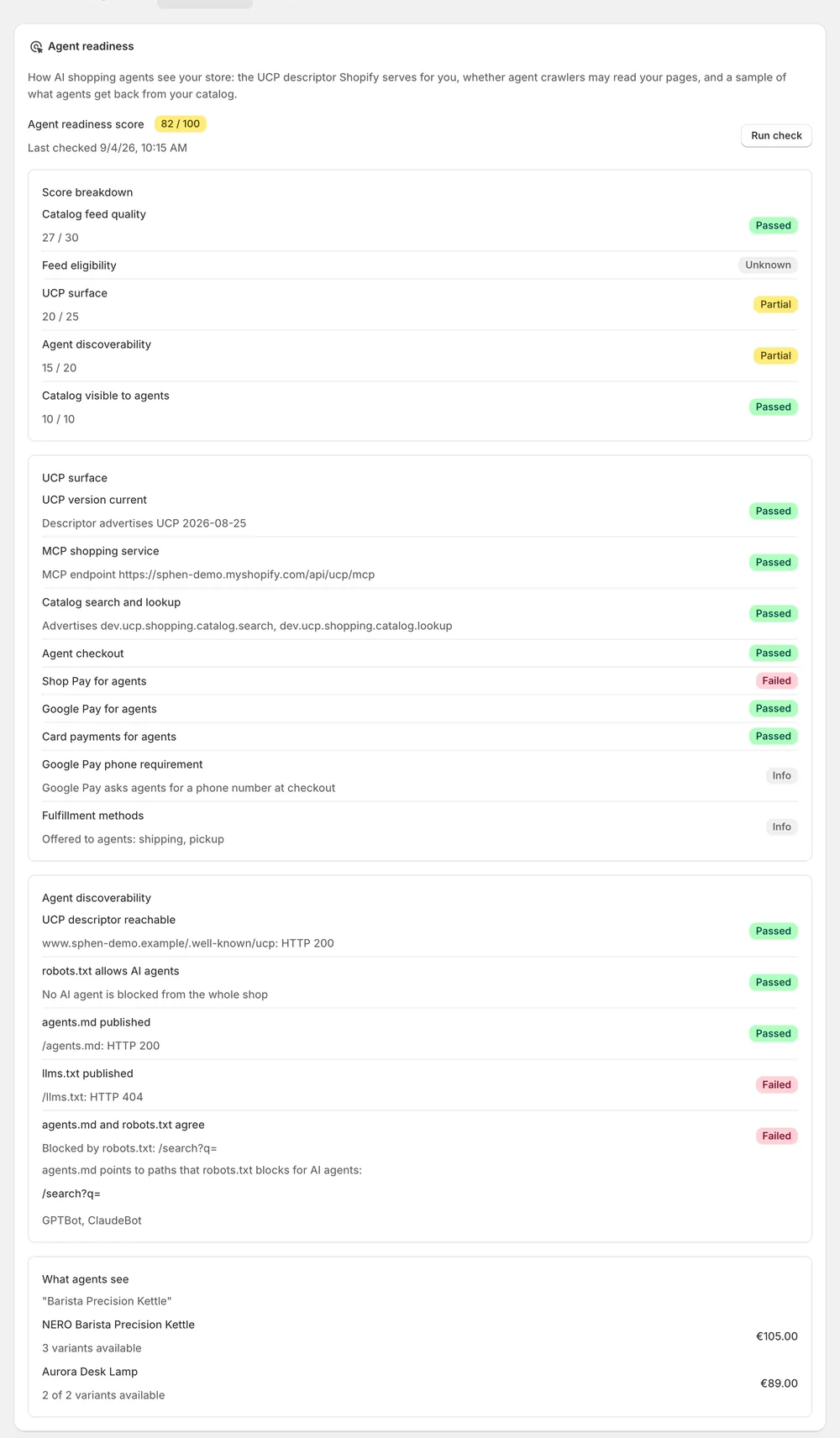 Agent readiness score with the checks behind it