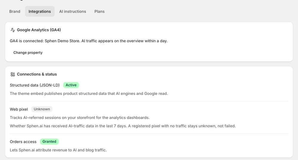 Connections and status: GA4, structured data, orders access