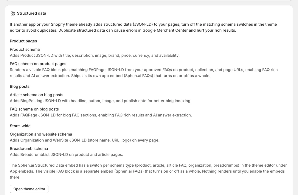 Structured data schema switches in the theme embed