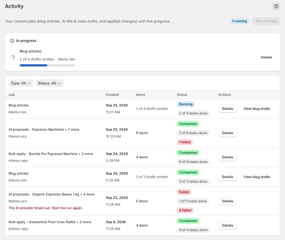 Activity: background jobs with live progress and status