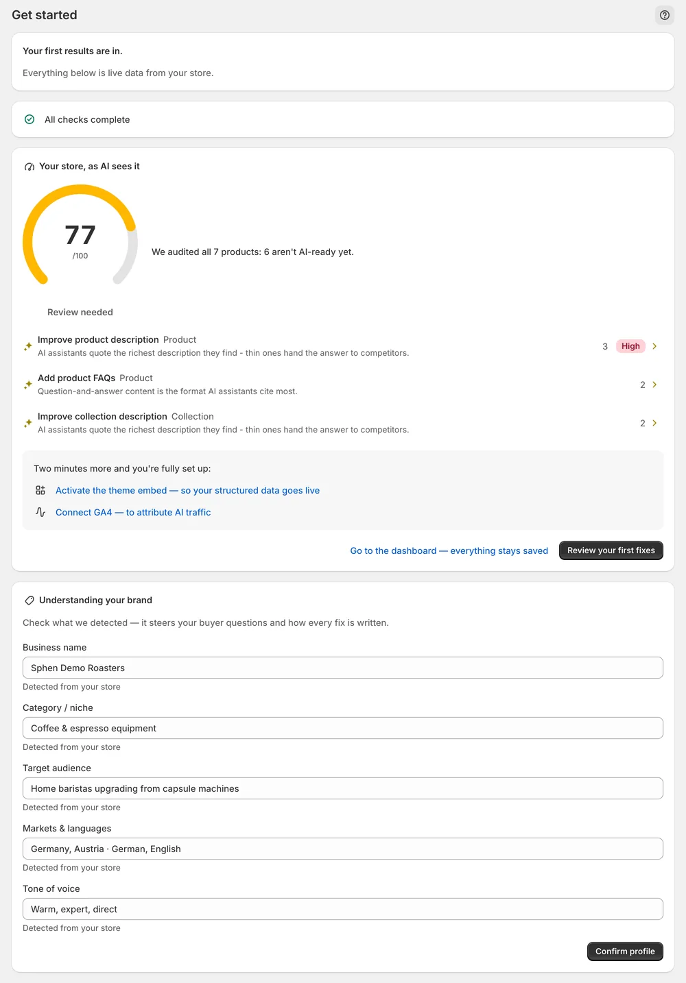 Readiness score of 77 out of 100 with the top fixes