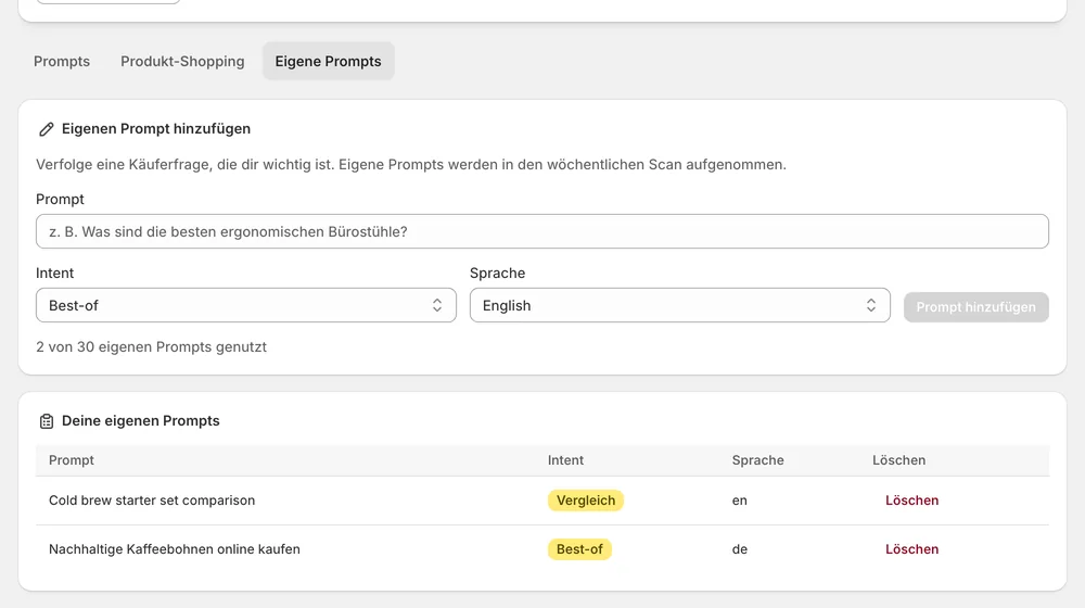 Eigenen Prompt mit Intent und Sprache hinzufügen