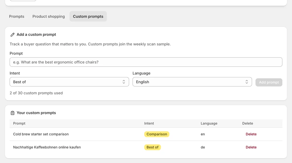 Add a custom prompt with intent and language