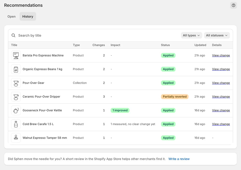 History: applied changes with their status