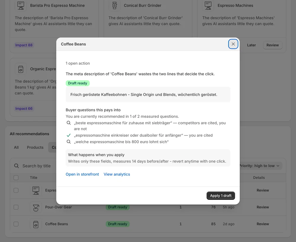 Collection recommendation with a ready draft and Apply