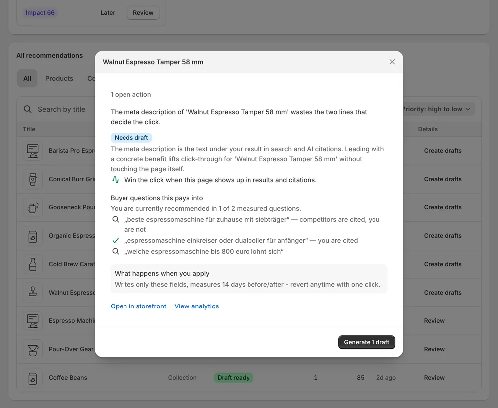 A recommendation with its evidence and the buyer questions it pays into
