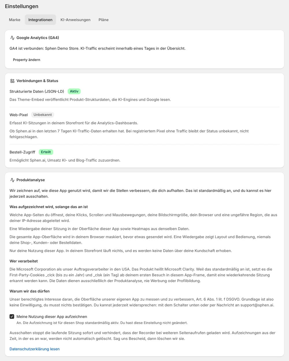 Integrationen: Google Analytics, Search Console und Verbindungsstatus