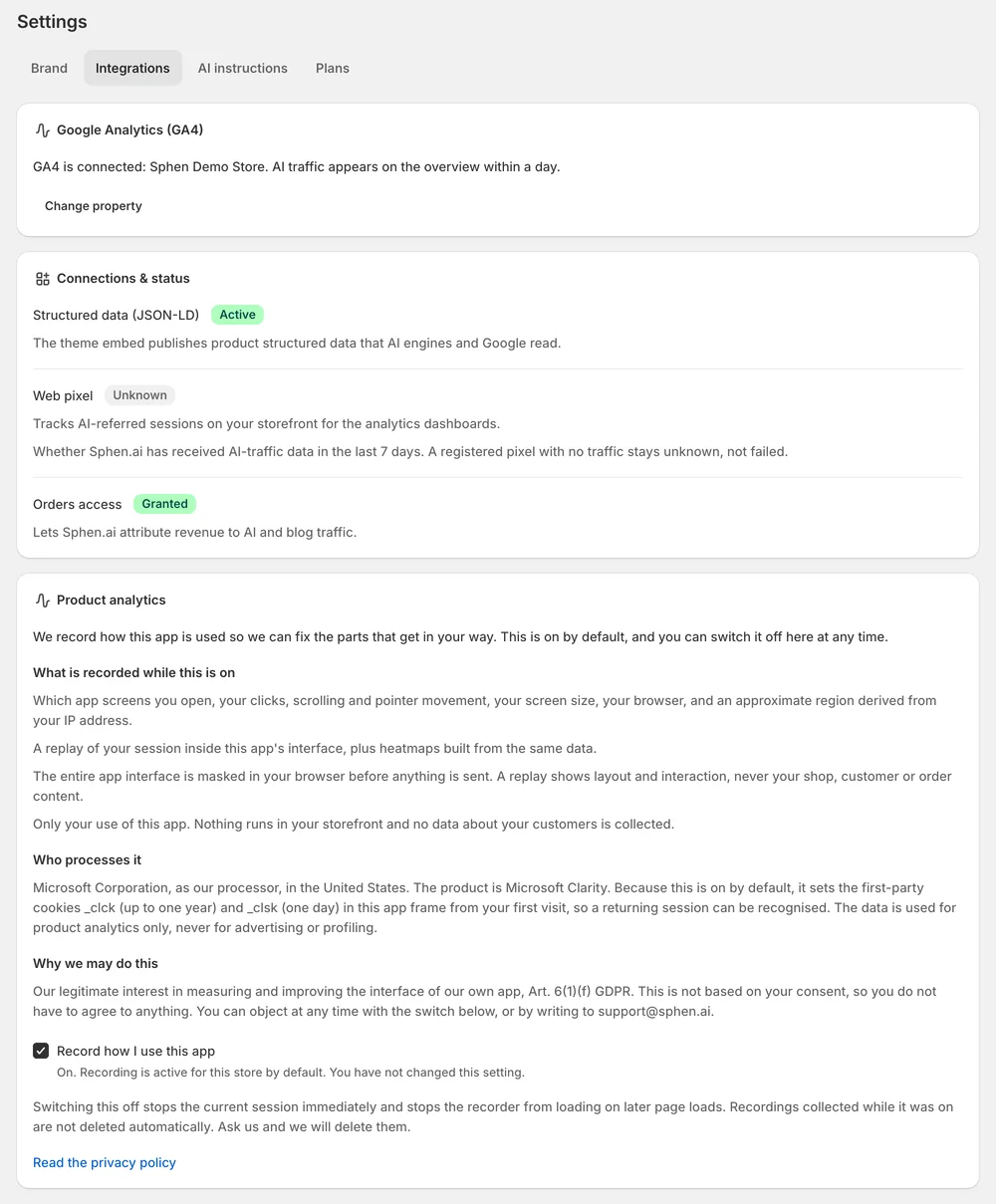 Integrations settings with Google connections and status