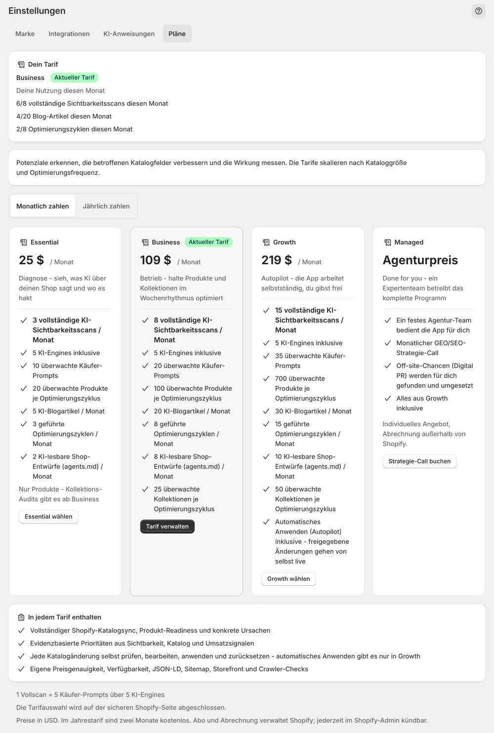 Tarife in den Einstellungen der App
